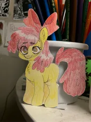 Size: 3024x4032 | Tagged: safe, artist:irlfluttershyy, derpibooru import, apple bloom, earth pony, pony, cutout, female, filly, foal, image, irl, jpeg, photo, smiling, solo, traditional art