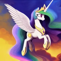 Size: 1024x1024 | Tagged: safe, derpibooru import, editor:dovakkins, machine learning generated, purplesmart.ai, stable diffusion, princess celestia, alicorn, pony, beautiful, cloud, crown, cute, female, flying, g4, image, jewelry, mare, png, regalia, smiling, solo, sunset