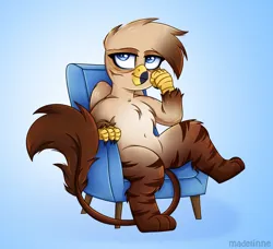 Size: 2500x2276 | Tagged: safe, artist:madelinne, derpibooru import, oc, oc:ace flashtalon, unofficial characters only, gryphon, commission, couch, griffon oc, image, male, png, sitting, solo