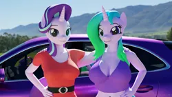 Size: 5760x3240 | Tagged: safe, artist:hunterz263, derpibooru import, starlight glimmer, oc, oc:fiona mahri, anthro, plantigrade anthro, unicorn, 3d, belt, blender, breasts, car, cleavage, clothes, female, female oc, females only, grin, horn, image, looking at you, midriff, not sfm, outdoors, png, smiling, unicorn oc