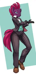 Size: 878x1800 | Tagged: safe, artist:dstears, derpibooru import, tempest shadow, anthro, plantigrade anthro, unicorn, belt, broken horn, clothes, eye scar, facial scar, female, gloves, horn, image, jpeg, looking at you, pinstripes, scar, shirt, shoes, simple background, smiling, solo, suit, tail, three piece suit, vest, wide hips