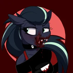 Size: 1212x1218 | Tagged: semi-grimdark, artist:arume_lux, derpibooru import, oc, oc:arkessa, unofficial characters only, anthro, pony, blood, choker, clothes, fangs, forked tongue, image, licking, licking lips, lip piercing, piercing, png, snake bites, solo, tongue out