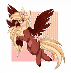 Size: 1706x1733 | Tagged: safe, artist:ezzerie, derpibooru import, oc, oc:satsuma, gryphon, hippogriff, pegasus, beak, eared griffon, flower, flower in hair, image, jpeg, long mane, solo, wings