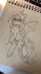 Size: 1152x2048 | Tagged: safe, artist:ezzerie, derpibooru import, oc, oc:snooze, bat pony, curly hair, flying, image, jpeg, solo, standing, traditional art