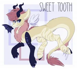 Size: 2048x1819 | Tagged: safe, artist:ezzerie, derpibooru import, oc, oc:sweet tooth, draconequus, zebra, bat wings, digital art, horns, image, jpeg, paws, solo, wings