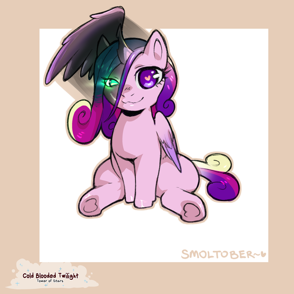 Size: 1200x1200 | Tagged: safe, artist:cold-blooded-twilight, derpibooru import, princess cadance, queen chrysalis, alicorn, changeling, pony, female, filly, filly queen chrysalis, foal, glow, glowing eyes, heart, heart eyes, image, png, smiling, spread wings, underhoof, wingding eyes, wings, younger