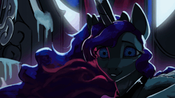 Size: 1920x1080 | Tagged: semi-grimdark, artist:neitherman83, derpibooru import, princess luna, alicorn, fanfic:moonlit stranding, animated, armor, crazy eyes, female, gif, image, looking at you, one eye closed, snow, stare, throne room, wink, winking at you, yandere