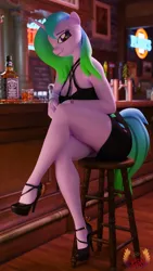 Size: 2160x3840 | Tagged: safe, artist:loveslove, derpibooru import, oc, oc:fiona mahri, unofficial characters only, anthro, plantigrade anthro, unicorn, 3d, alcohol, anthro oc, bar, black dress, blurry background, breasts, busty oc, clothes, dress, female, food, gradient mane, gradient tail, high heels, high res, horn, image, jack daniels, looking at you, looking left, not izzy moonbow, png, schrödinger's pantsu, shoes, sitting, smiling, smiling at you, solo, solo female, tail, tequila, unicorn oc, whiskey