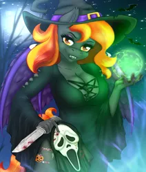Size: 2201x2600 | Tagged: suggestive, artist:jerraldina, derpibooru import, oc, anthro, bat pony, hybrid, blood, breasts, clothes, commission, cutie mark, dress, fangs, female, halloween, hat, holiday, hybrid wings, image, knife, mask, night, orb, png, smiling, solo, solo female, wings, witch hat, ych result
