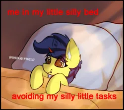 Size: 813x721 | Tagged: safe, artist:shepardinthesky, derpibooru import, oc, oc:cheeseblood, unofficial characters only, bed, cute, fangs, image, laying on bed, lying down, meme, on bed, png, solo