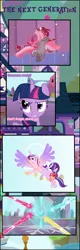 Size: 1515x4752 | Tagged: safe, artist:shootingstarsentry, derpibooru import, princess cadance, starlight glimmer, twilight sparkle, twilight sparkle (alicorn), oc, oc:nightingale (shootingstarsentry), oc:star curve, alicorn, pony, unicorn, comic:the next generation, artificial wings, augmented, baby, baby pony, crystal heart, image, magic, magic wings, offspring, parent:starlight glimmer, parent:sunburst, parents:starburst, png, wings