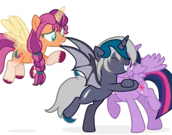 Size: 1488x1164 | Tagged: safe, artist:yeetmedownthestairs, derpibooru import, sunny starscout, twilight sparkle, twilight sparkle (alicorn), oc, oc:elizabat stormfeather, alicorn, bat pony, bat pony alicorn, pony, mlp fim's twelfth anniversary, my little pony: a new generation, alicorn oc, bat pony oc, bat wings, bipedal, cute, eyes closed, flying, g5, grin, horn, hug, image, markings, png, race swap, raised hoof, raised leg, simple background, smiling, sunnybetes, sunnycorn, transparent background, trio, twiabetes, unshorn fetlocks, wings