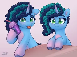 Size: 3500x2600 | Tagged: safe, artist:rivin177, derpibooru import, earth pony, pony, unicorn, g5, my little pony: make your mark, :p, big eyes, curly hair, drink, drinking straw, duality, gradient hooves, gradient horn, hooves, horn, image, misty brightdawn, png, raised hoof, smoothie, table, tongue out