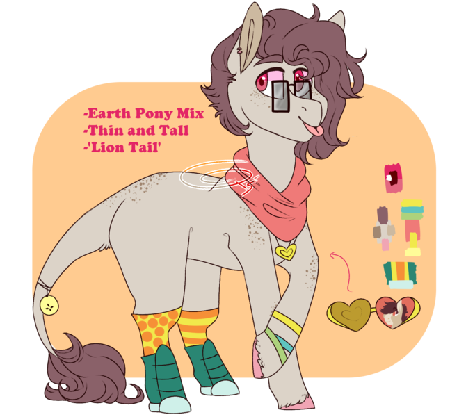 Size: 1589x1473 | Tagged: safe, artist:eggoatt, oc, oc:sonic raygun, unofficial characters only, earth pony, pony, april fools, clothes, freckles, glasses, image, leonine tail, male, png, reference sheet, scarf, simple background, solo, stallion, tongue out, transparent background