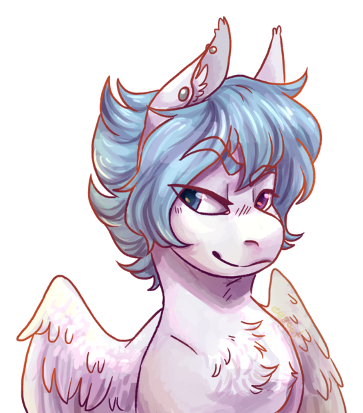 Size: 1106x1257 | Tagged: safe, artist:eggoatt, oc, oc:snow storm, unofficial characters only, pegasus, pony, bust, ear piercing, earring, heterochromia, image, jewelry, male, piercing, png, raised eyebrow, simple background, solo, stallion, transparent background