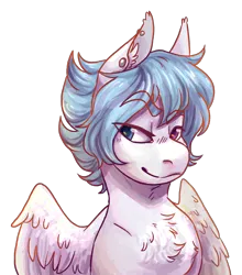 Size: 1106x1257 | Tagged: safe, artist:eggoatt, oc, oc:snow storm, unofficial characters only, pegasus, pony, bust, ear piercing, earring, heterochromia, image, jewelry, male, piercing, png, raised eyebrow, simple background, solo, stallion, transparent background