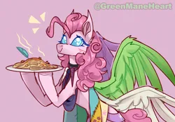Size: 3000x2086 | Tagged: safe, artist:greenmaneheart, derpibooru import, pinkie pie, pony, fanfic:cupcakes, clothes, cutie mark dress, dress, feather, food, image, pasta, png, solo