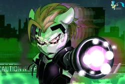 Size: 3840x2600 | Tagged: safe, artist:brainiac, derpibooru import, oc, oc:jump cannon, unofficial characters only, cyborg, earth pony, pony, the sunjackers, crossover, cyberpsychosis, cyberpunk, cyberpunk 2077, female, halloween, happy halloween, holiday, image, link in description, mare, png, police officer, solo