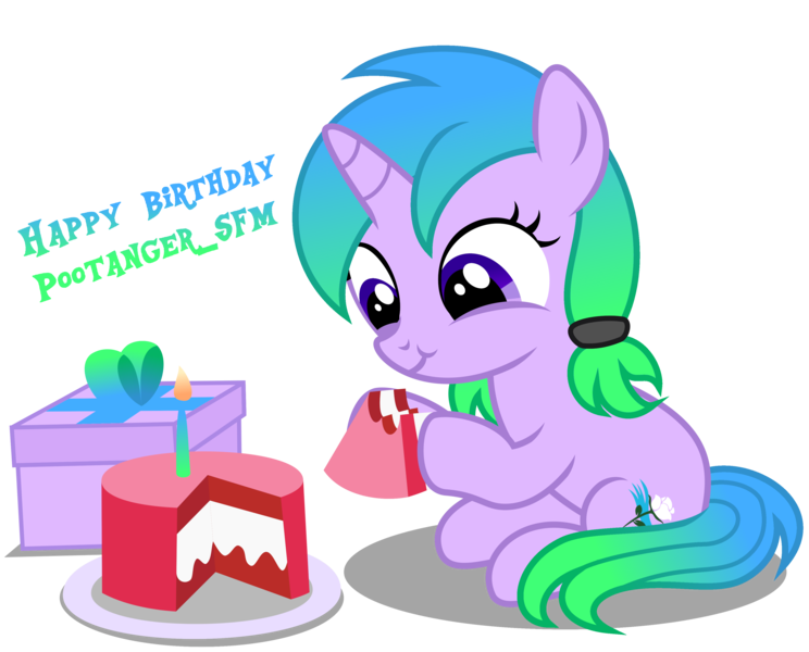 Size: 3850x3105 | Tagged: safe, artist:strategypony, derpibooru import, oc, oc:fiona mahri, unofficial characters only, pony, unicorn, birthday, birthday cake, cake, cute, eating, female, filly, foal, food, hoof hold, horn, image, pigtails, plate, png, present, simple background, sitting, text, transparent background, twintails, unicorn oc