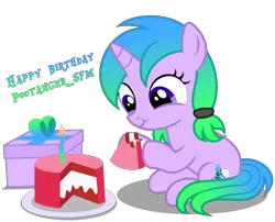 Size: 3850x3105 | Tagged: safe, artist:strategypony, derpibooru import, oc, oc:fiona mahri, unofficial characters only, pony, unicorn, birthday, birthday cake, cake, cute, eating, female, filly, foal, food, hoof hold, horn, image, pigtails, plate, png, present, simple background, sitting, text, transparent background, twintails, unicorn oc
