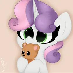 Size: 3000x3000 | Tagged: safe, artist:daftramms, derpibooru import, sweetie belle, pony, unicorn, cute, fanart, high res, image, jpeg, plushie, simple background, solo, teddy bear