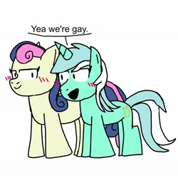 Size: 1773x1773 | Tagged: safe, artist:sketchyboi25, derpibooru import, bon bon, lyra heartstrings, sweetie drops, earth pony, pony, unicorn, blushing, dialogue, duo, female, image, jpeg, lesbian, lyrabon, shipping, simple background, white background