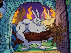 Size: 998x750 | Tagged: safe, artist:tonyfleecs, derpibooru import, idw, rabbit, squirrel, legends of magic, spoiler:comic, animal, buff, cursed image, group, image, jpeg, male, muscles, no pony, torch, tree trunk, what has magic done
