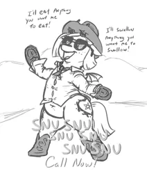 Size: 497x587 | Tagged: safe, artist:jargon scott, derpibooru import, oc, oc:snusnu, unofficial characters only, pony, succubus, succubus pony, belly button, bipedal, black and white, boots, clothes, cowboy boots, cowboy hat, dialogue, fat, female, freckles, grayscale, hat, image, mare, monochrome, open mouth, open smile, png, shoes, simple background, smiling, solo, sunglasses, white background