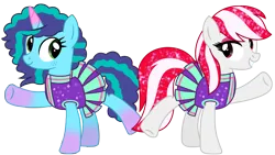 Size: 8171x4610 | Tagged: safe, artist:ejfirelightningarts, artist:ejlightning007arts, derpibooru import, sugar moonlight, earth pony, pony, unicorn, 2 4 6 greaaat, g5, my little pony: a new generation, my little pony: make your mark, cheerleader, cheerleader outfit, clothes, coat markings, duo, freckles, g4, g5 to g4, generation leap, glitter, image, makeup, misty brightdawn, png, raised hoof, simple background, smiling, socks (coat marking), transparent background, vector
