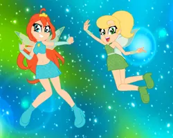 Size: 3496x2784 | Tagged: safe, artist:hellocindyfan, artist:noreentheartist, derpibooru import, fairy, human, equestria girls, barely eqg related, base used, belly button, bloom (winx club), blue background, blue wings, boots, cindy vortex, clothes, crossover, crown, equestria girls style, equestria girls-ified, fairy wings, fairyized, fingerless gloves, flying, gloves, gradient background, green background, green dress, high heel boots, high heels, image, jewelry, jimmy neutron, looking at you, magic winx, open mouth, png, regalia, shoes, simple background, smiling, sparkles, sparkly background, teal background, wings, winx, winx club, winxified, wristband