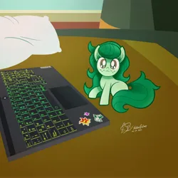 Size: 4096x4096 | Tagged: safe, alternate version, artist:theratedrshimmer, derpibooru import, wallflower blush, ponified, earth pony, pony, bed, behaving like a cat, chibi, computer, cute, female, flowerbetes, image, jpeg, laptop computer, looking at you, meme, pillow, ponified animal photo, ponified meme, smol, solo