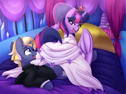 Size: 4582x3451 | Tagged: suggestive, artist:pearlyiridescence, derpibooru import, part of a set, star tracker, twilight sparkle, twilight sparkle (alicorn), alicorn, earth pony, pony, alternate hairstyle, bed, bedroom, clothes, crown, dock, dress, female, frog (hoof), image, jewelry, looking back, lying down, male, mare, obscured penetration, on back, open mouth, png, regalia, reverse cowgirl, shipping, smiling, stallion, straight, tail, tuxedo, twilight's castle, twitracker, underhoof, wedding dress, wedding veil
