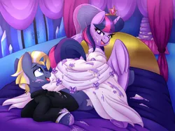 Size: 4582x3451 | Tagged: suggestive, artist:pearlyiridescence, derpibooru import, part of a set, star tracker, twilight sparkle, twilight sparkle (alicorn), alicorn, earth pony, pony, alternate hairstyle, bed, bedroom, cake, clothes, crown, dock, dress, female, food, foodplay, frog (hoof), image, jewelry, looking back, lying down, male, mare, obscured penetration, on back, open mouth, png, regalia, reverse cowgirl, shipping, smiling, stallion, straight, tail, tuxedo, twilight's castle, twitracker, underhoof, wedding dress, wedding veil