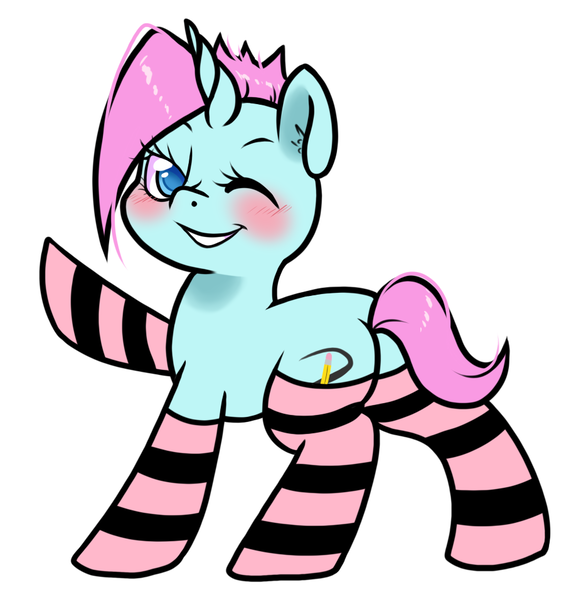 Size: 934x957 | Tagged: safe, artist:paperbagpony, derpibooru import, oc, oc:peppermint flitter, unicorn, blushing, clothes, horn, image, png, raised hoof, simple background, socks, striped socks, unicorn oc, white background