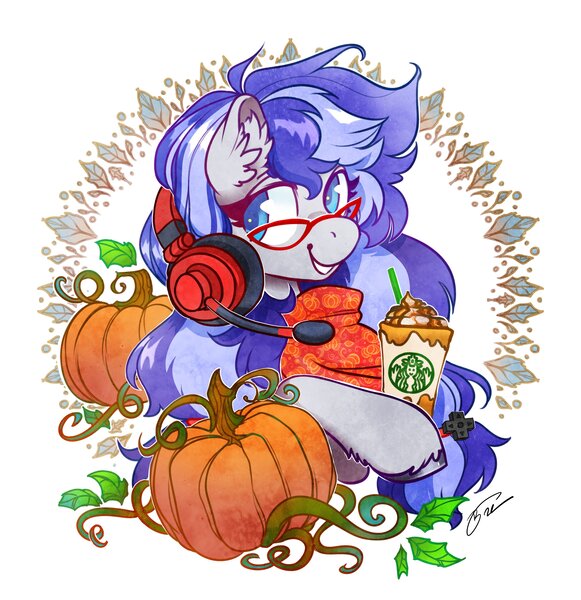 Size: 3968x4096 | Tagged: safe, artist:opalacorn, derpibooru import, oc, oc:cinnabyte, unofficial characters only, earth pony, pony, coffee, commission, drink, ear fluff, female, food, glasses, grin, headset, hoof hold, image, jpeg, latte, leaves, mare, pumpkin, simple background, smiling, solo, unshorn fetlocks, white background