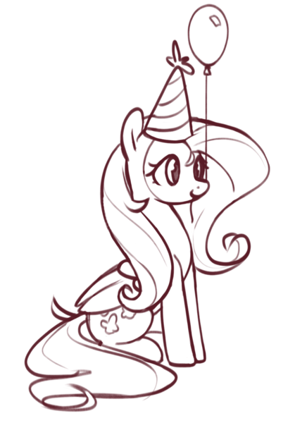 Size: 1009x1445 | Tagged: safe, artist:nookprint, derpibooru import, fluttershy, pegasus, pony, balloon, black and white, cute, female, grayscale, hat, image, lineart, mare, monochrome, mouth hold, party hat, png, shyabetes, simple background, sitting, solo, white background