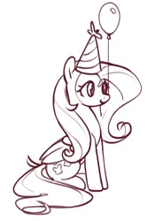 Size: 1009x1445 | Tagged: safe, artist:nookprint, derpibooru import, fluttershy, pegasus, pony, balloon, black and white, cute, female, grayscale, hat, image, lineart, mare, monochrome, mouth hold, party hat, png, shyabetes, simple background, sitting, solo, white background