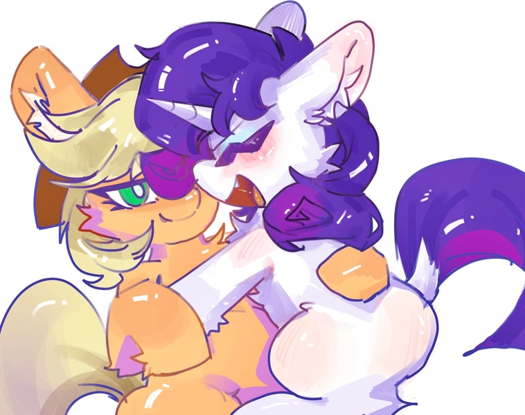 Size: 1632x1292 | Tagged: safe, artist:rugr, derpibooru import, applejack, rarity, earth pony, pony, unicorn, female, image, jpeg, lesbian, rarijack, shipping, simple background