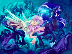 Size: 2224x1668 | Tagged: safe, artist:rugr, derpibooru import, fluttershy, nightmare rarity, rarity, pegasus, pony, unicorn, blood, blurry, bubble, chest fluff, crown, digital art, fangs, feather, female, flarity, flowing mane, glow, glowing horn, hoof shoes, horn, image, jewelry, jpeg, lesbian, long horn, looking at each other, magic, mare, pink mane, purple mane, regalia, shadow creature, shipping, spread wings, swimming, teeth, underwater, unshorn fetlocks, water, wings