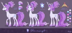 Size: 2750x1265 | Tagged: safe, artist:heilos, derpibooru import, tree of harmony, oc, oc:harmony (heilos), ponified, classical unicorn, pony, unicorn, big crown thingy, cloven hooves, color palette, crown, crystal, cutie mark, element of generosity, element of honesty, element of kindness, element of laughter, element of loyalty, element of magic, elements of harmony, female, flower, flower in hair, image, jewelry, leonine tail, mare, png, reference sheet, regalia, smiling, tail, unshorn fetlocks