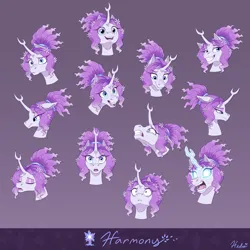 Size: 2100x2100 | Tagged: safe, artist:heilos, derpibooru import, tree of harmony, oc, oc:harmony (heilos), ponified, unofficial characters only, pony, crying, crystal, expressions, facial expressions, female, flower, flower in hair, image, magic, mare, png, reference sheet, smiling