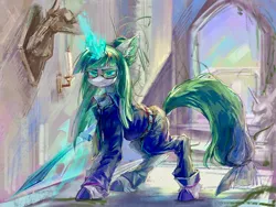 Size: 2224x1668 | Tagged: safe, artist:rugr, derpibooru import, oc, unofficial characters only, pony, unicorn, clothes, female, image, jpeg, looking at you, mare, solo, sword, weapon