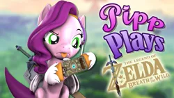 Size: 1920x1080 | Tagged: semi-grimdark, artist:pika-robo, derpibooru import, pipp petals, pegasus, pony, series:pipp plays, 3d, fake thumbnail, female, folded wings, g4, g5, g5 to g4, gamer pipp, gaming headset, generation leap, headset, hoof hold, image, let's play, mare, master sword, png, raised eyebrow, sheikah slate, shield, source filmmaker, sword, the legend of zelda, the legend of zelda: breath of the wild, tongue out, video game, weapon, wings, youtube thumbnail
