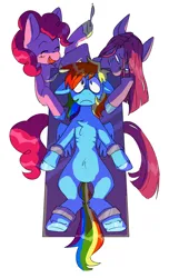 Size: 1700x2800 | Tagged: semi-grimdark, artist:exxi00, derpibooru import, pinkie pie, rainbow dash, earth pony, pegasus, pony, fanfic:cupcakes, bondage, duality, female, floppy ears, hoof hold, image, mare, open mouth, open smile, operating table, pinkamena diane pie, png, scalpel, scared, self paradox, self ponidox, smiling, smirk, this will end in cupcakes, this will end in death, this will end in tears, this will end in tears and/or death, thousand yard stare, trio, trio female, unsexy bondage