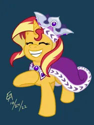 Size: 1668x2224 | Tagged: safe, artist:mayorlight, derpibooru import, princess platinum, sunset shimmer, pony, unicorn, mlp fim's twelfth anniversary, equestria girls, clothes, cosplay, costume, crown, eyes closed, female, grin, halloween, holiday, image, jewelry, mare, nightmare night, png, raised hoof, regalia, smiling, solo