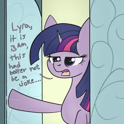 Size: 2000x2000 | Tagged: safe, artist:dafiltafish, derpibooru import, twilight sparkle, twilight sparkle (alicorn), alicorn, pony, comic:day by day, comic, door, doorway, female, high res, image, implied lyra, mare, png, solo, tired eyes