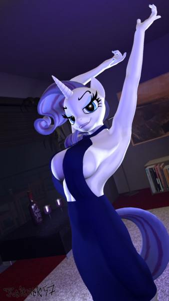 Size: 1080x1920 | Tagged: suggestive, artist:rekinek5-7, derpibooru import, rarity, anthro, plantigrade anthro, 3d, absolute cleavage, alcohol, bottle, breasts, busty rarity, cleavage, clothes, dress, female, glass, image, looking at you, png, source filmmaker, wine, wine bottle, wine glass