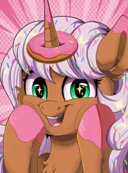 Size: 2964x4000 | Tagged: safe, artist:joaothejohn, derpibooru import, oc, oc:donut daydream, pony, unicorn, candy, cheek squish, cute, donut, food, horn, image, looking at you, png, simple background, smiling, squishy cheeks, unicorn oc