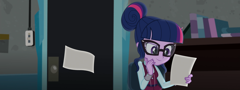 Size: 2871x1080 | Tagged: safe, composite screencap, derpibooru import, edit, edited screencap, screencap, sci-twi, twilight sparkle, equestria girls, friendship games, clothes, crystal prep academy uniform, female, glasses, hair bun, image, paper, png, school uniform, solo