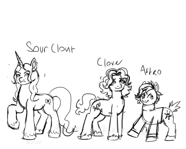 Size: 640x512 | Tagged: safe, artist:kokorokinda, derpibooru import, oc, oc:astro, oc:clove, oc:sour clout, unofficial characters only, earth pony, unicorn, clothes, earth pony oc, horn, image, png, reddit, simple background, sketch, sweater, trio, unicorn oc, unshorn fetlocks, white background